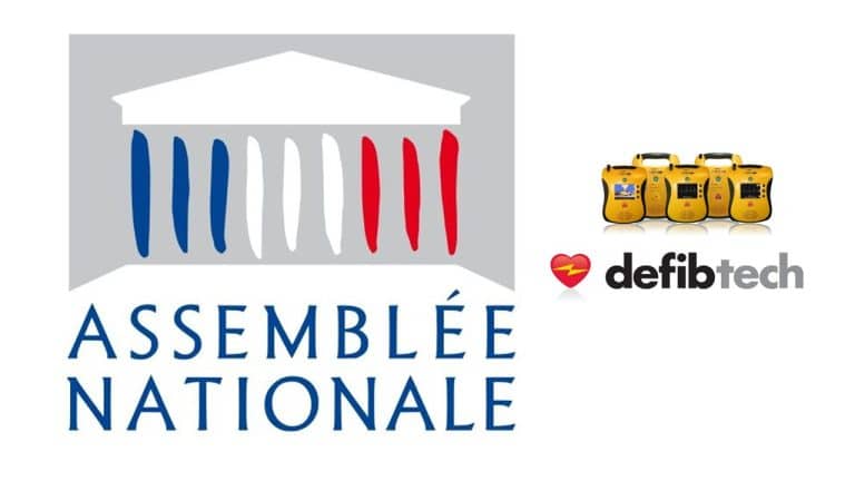 Bannière d'article avec logo assemblée nationale et logo Defibtech concernant les subventions défibrillateurs dans les communes.