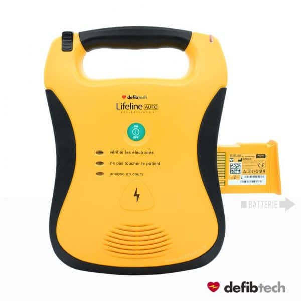 Défibrillateur automatique DEA Lifeline avec sa batterie sur le flanc droit