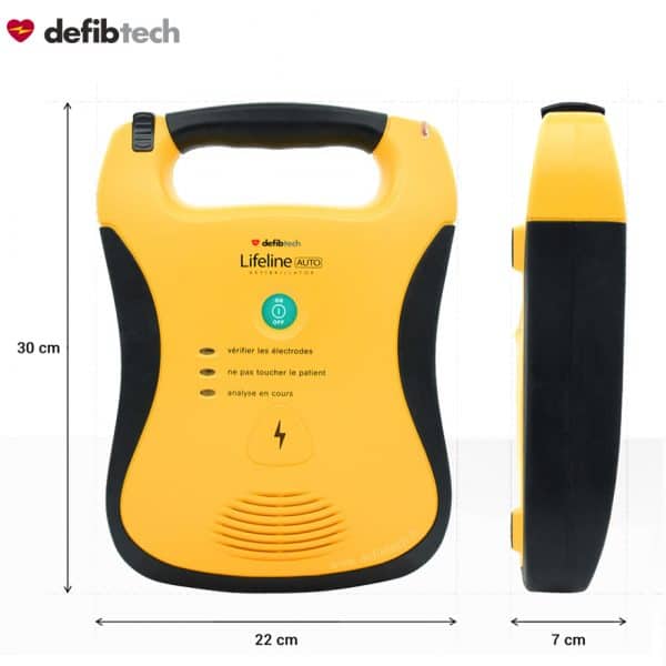 défibrillateur automatique DEA Lifeline Defibtech vue de la face avant et du flanc avec dimensions